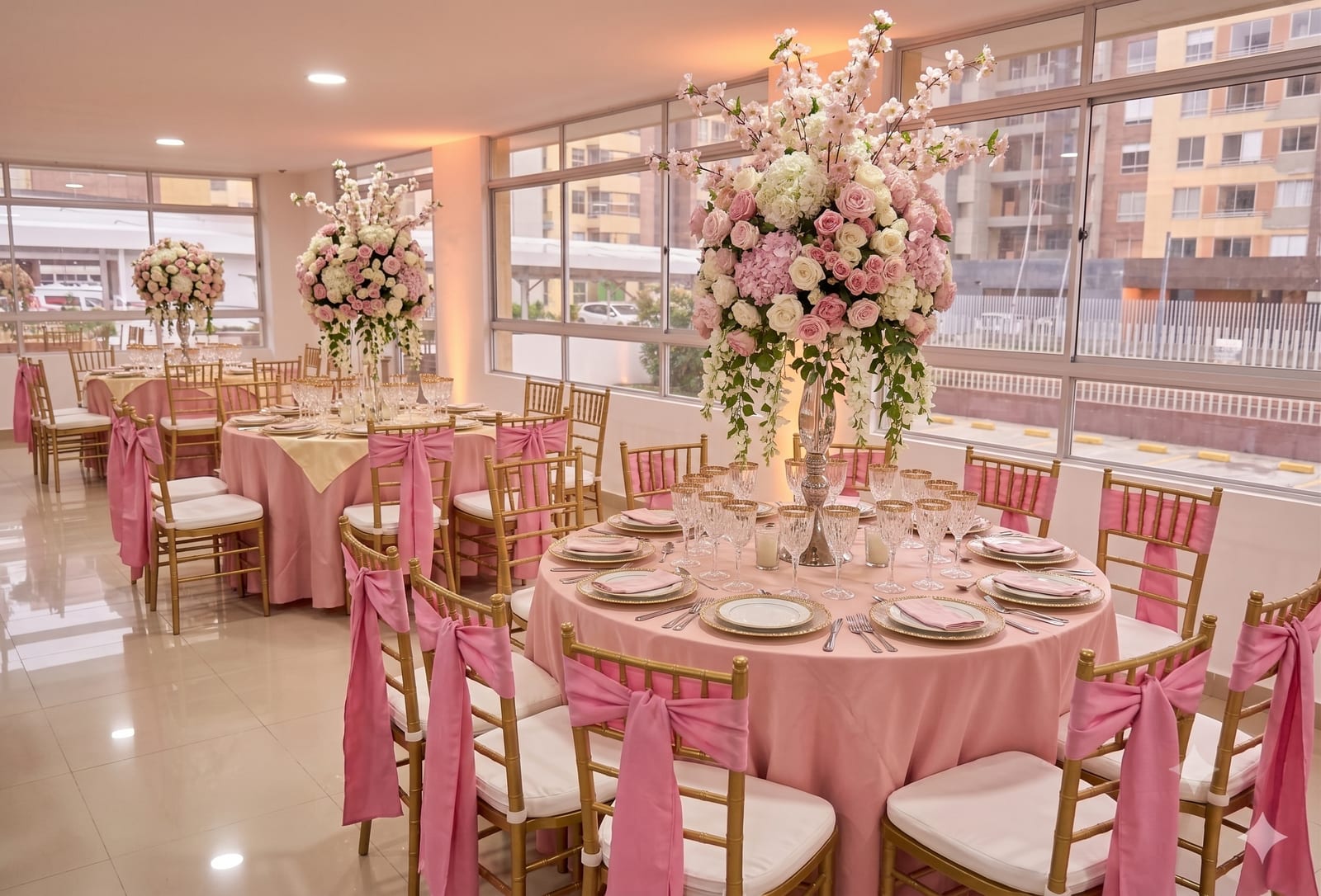 Mesas y sillas chiavari doradas con decoración floral rosada para eventos